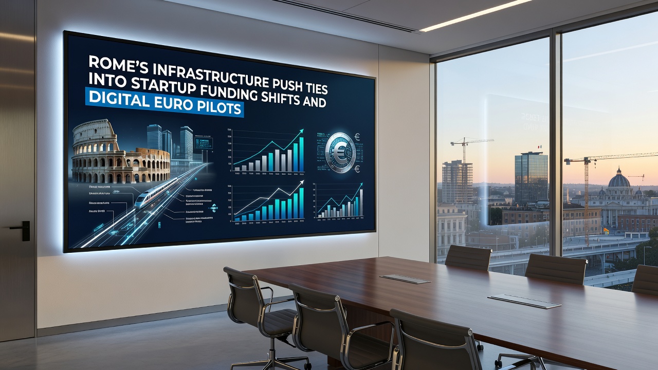 Digital euro pilot interface demonstration at a Rome fintech conference with infrastructure project visuals in background
