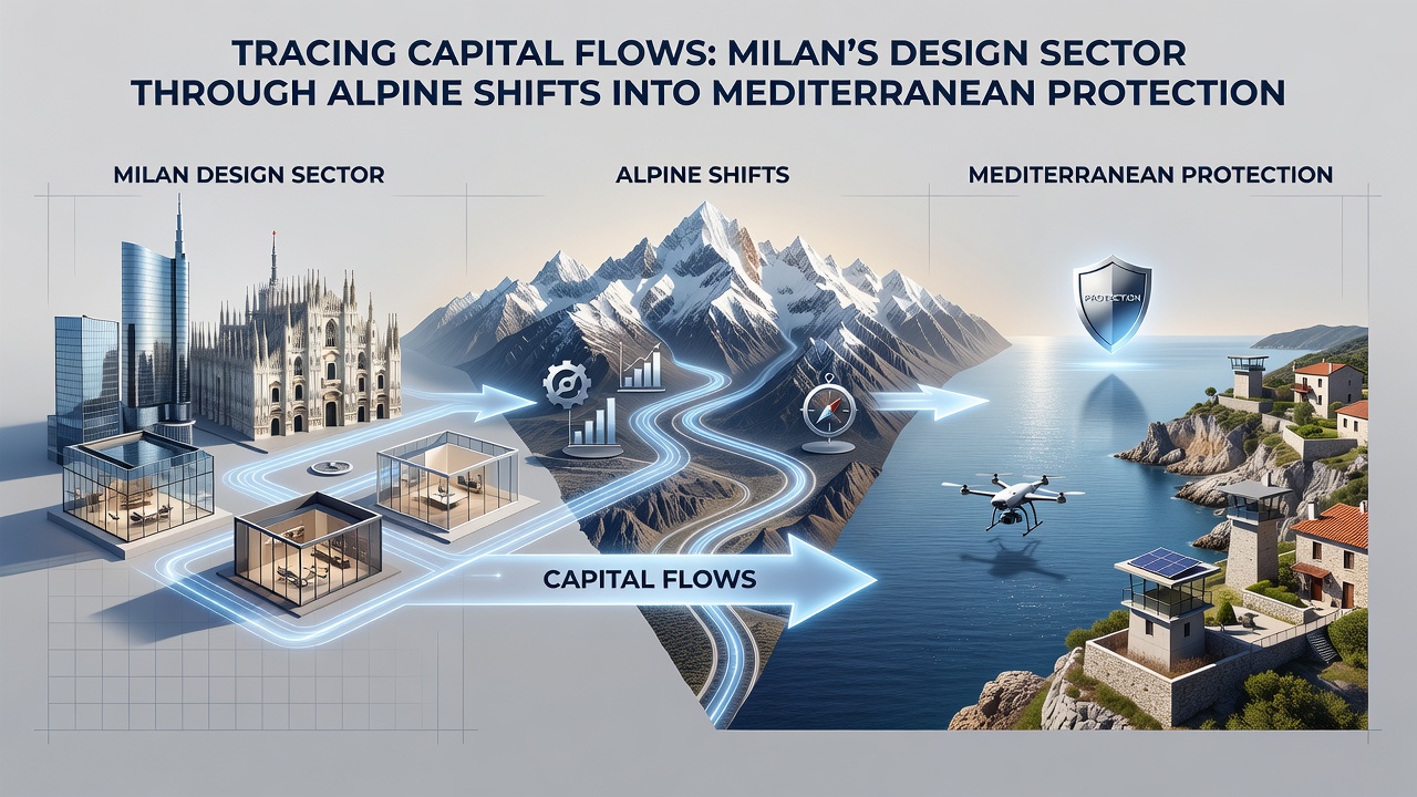 Map showing investment routes extending from Alpine zones into Mediterranean coastal and technology projects